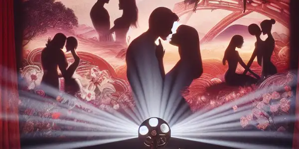 A vintage cinema room portraying the complexities of love with film projections and Japanese aesthetic elements.