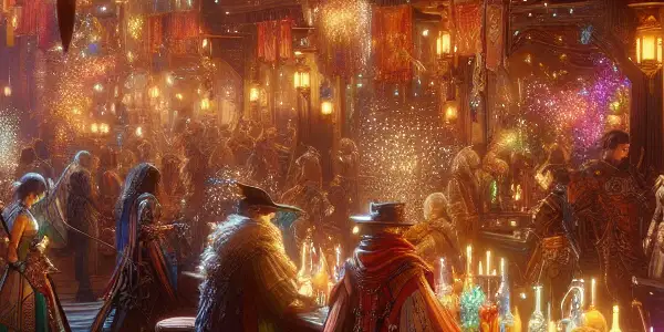 A vibrant fantasy tavern scene filled with diverse characters, enchanting outfits, and playful interactions over fantasy drinks.
