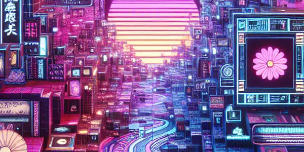 A vibrant digital landscape featuring glowing screens and animated content, inspired by adult entertainment themes and Japanese motifs.