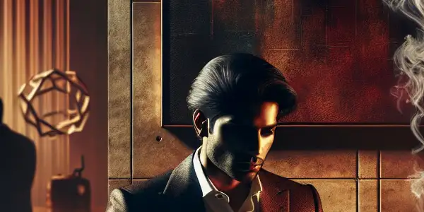 A stylish individual engages in conversation in a dimly lit, elegantly furnished office hinting at the adult film industry.