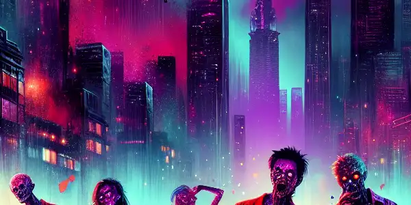 A group of alluring zombies in provocative clothing amidst an eerie, abandoned urban landscape at night.