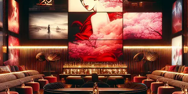 A modern lounge showcasing high-definition screens of Japanese adult films with plush seating and vibrant neon lighting.