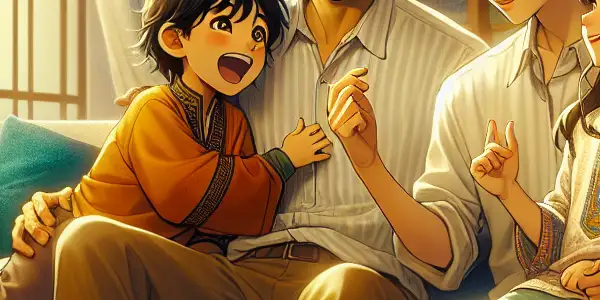 A cozy living room scene depicting a loving family of four sharing playful and heartfelt moments.