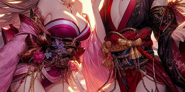 A playful interaction between two characters in elaborate costumes amidst a romantic Japanese landscape with cherry blossoms and glowing lanterns.