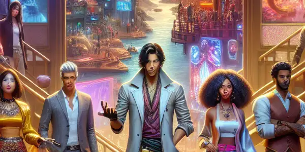 A vibrant fantasy landscape featuring diverse characters in stylish attire, set in a luxurious, seductive environment.