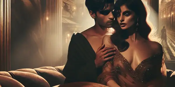 A dimly lit room featuring a passionate couple on a velvet sofa, surrounded by romantic decor and cinematic elements.