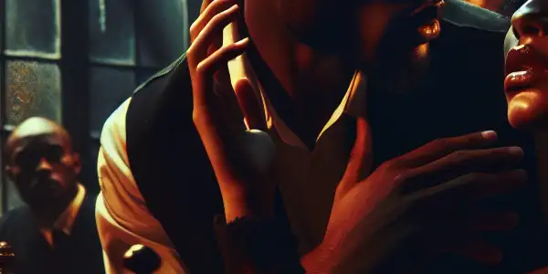 A couple in a dimly lit room, embodying emotional tension and forbidden attraction amidst symbols of betrayal.