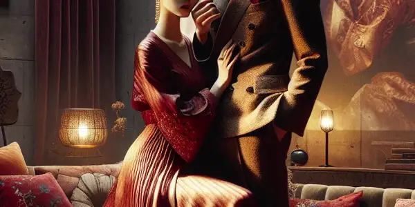 A romantic couple in a dimly lit Seoul apartment, exuding passion amidst elegant decor and cinematic references.