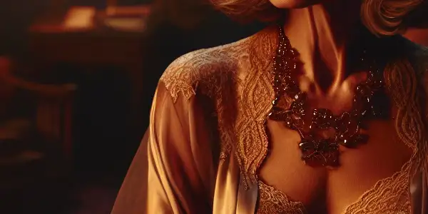 A confident, elegantly dressed mature woman in a dimly lit room, surrounded by intimate decor and hints of erotic adventure.