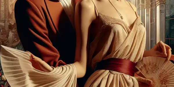 A passionate couple embraces in a richly decorated Italian villa, exuding romance and sensuality amidst warm, vibrant colors.