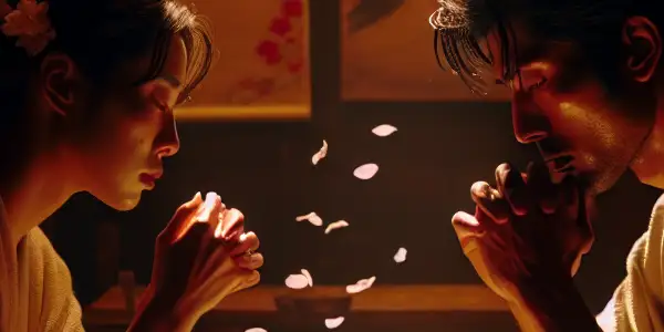 Two characters in a dimly lit room share an emotional conversation, surrounded by delicate Japanese decor and cherry blossoms.