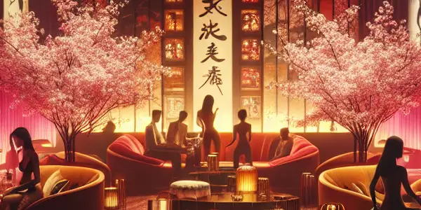 A luxurious lounge filled with diverse silhouettes, ambient lighting, and hints of Japanese culture celebrating adult entertainment.