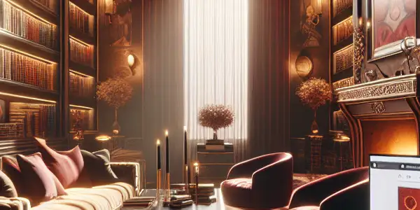 A luxurious library filled with diverse erotic literature, featuring plush seating and subtle hints of intimacy.