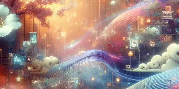 A vibrant digital landscape blending adult themes with Japanese aesthetics, featuring abstract scenarios and a sense of allure.