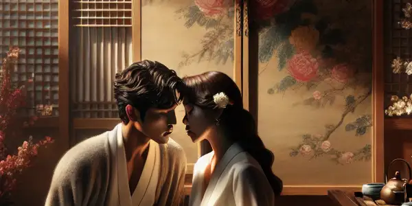 A romantic couple in a traditional Korean room, surrounded by soft lighting, delicate decor, and a serene garden view.