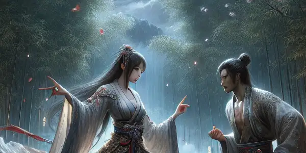 A fierce female warrior and a charismatic male opponent engage in a passionate duel in a mystical martial arts arena.