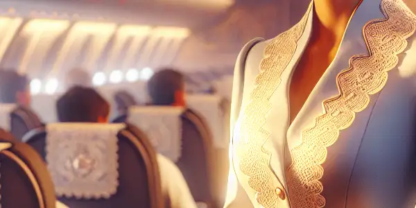An elegant flight attendant engages passengers in a luxurious airplane interior, surrounded by plush seating and soft lighting.