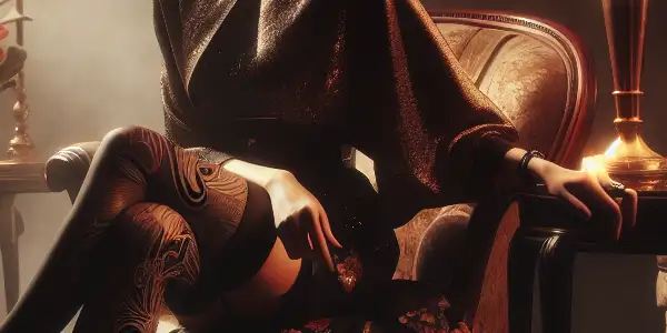 A glamorous woman in luxurious stockings poses in a vintage film noir setting, exuding confidence and allure.