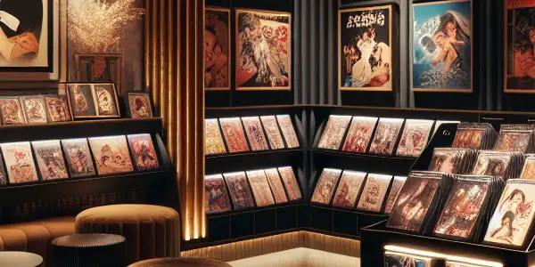 A cozy vintage adult boutique featuring classic 1980s films, Japanese AV covers, and inviting decor.