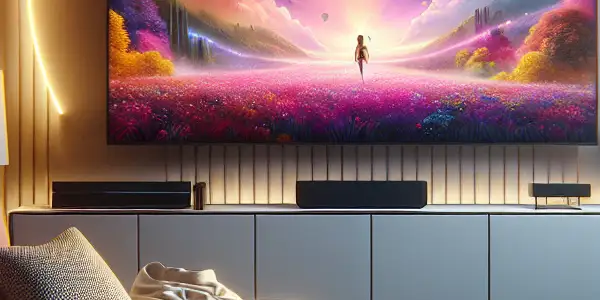 A modern living room with a large TV, plush sofa, popcorn, and ambient lighting for a cozy movie night.