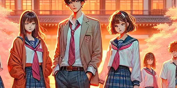 A vibrant school scene in Japan with young adults in traditional uniforms under cherry blossoms at sunset.