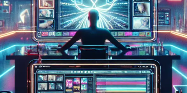 A modern workspace showcasing high-tech equipment and vibrant screens for adult content submission in 2026.