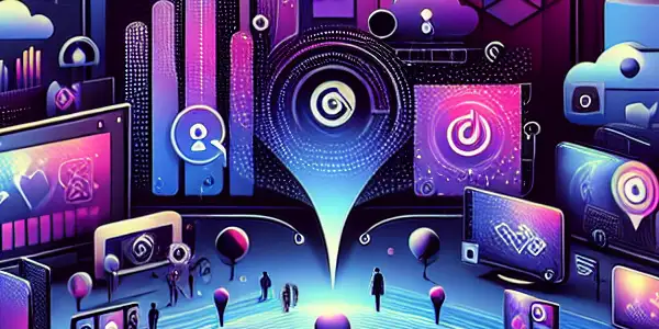 A modern digital landscape symbolizing adult subscription platforms with abstract screens, privacy elements, and a vibrant color palette.