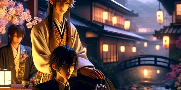 A character in elegant attire surrounded by cherry blossoms and traditional Japanese elements, blending romance and fantasy.