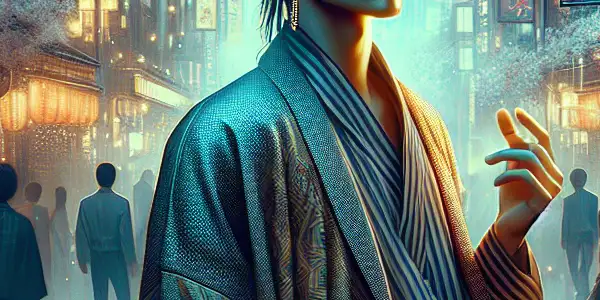 A charismatic figure in an elegant outfit amidst vibrant Tokyo nightlife, surrounded by neon lights and cherry blossoms.