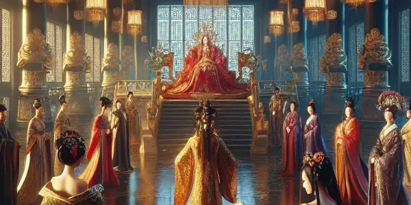 A lavish imperial palace scene featuring courtesans in vibrant traditional attire, embodying romance and allure of the Sui Dynasty.