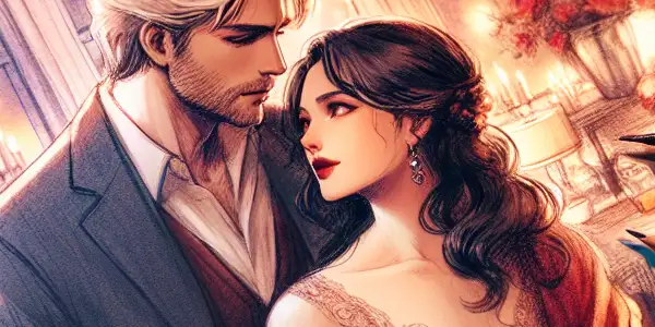 A couple in a tender embrace in a cozy, dimly lit room, surrounded by warm colors and intimate decorations.