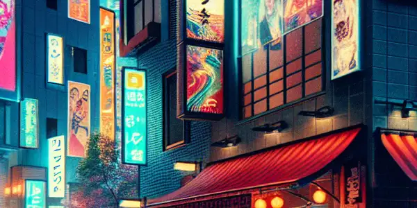 A vibrant Tokyo night scene showcasing adult entertainment themes with neon lights, cafes, and intimate moments.