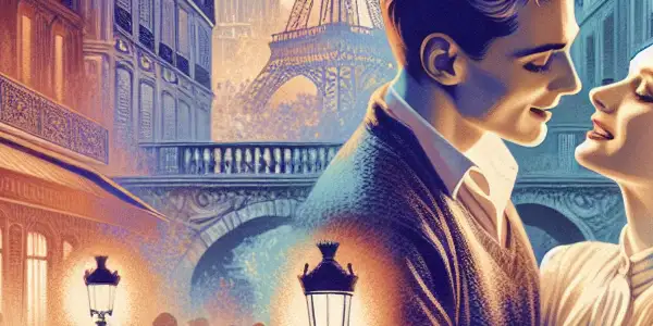 Two women embrace intimately in a romantic Parisian setting, illuminated by soft street lamps and iconic landmarks.