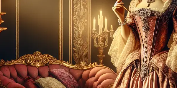 A glamorous French queen in an opulent baroque room, exuding romance and allure amidst luxurious decor.