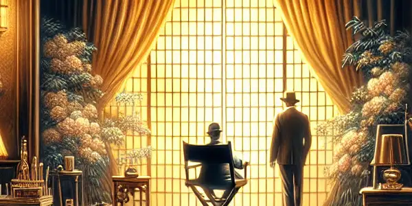 A sophisticated film set blending French erotic cinema with Japanese elements, featuring actors in a passionate pose.