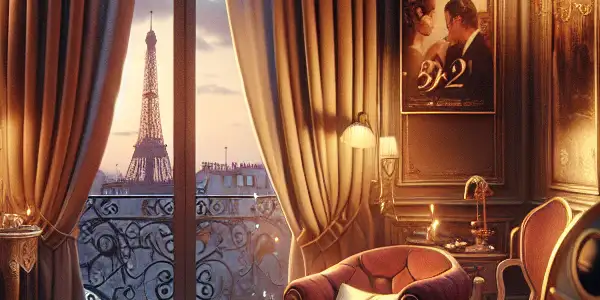 A romantic vintage Parisian apartment with a projector displaying classic French erotic films, featuring plush furnishings and an Eiffel Tower view.