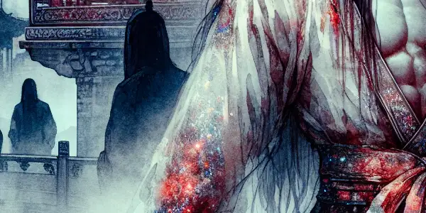 A charismatic martial artist in seductive attire wields a dagger against a mystical Chinese landscape, embodying desire and danger.