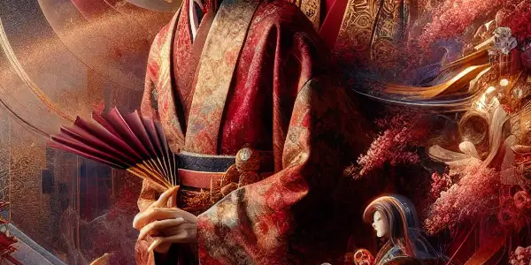 A dream-like scene blending Japanese aesthetics and modern erotic themes, featuring stylized characters and ethereal elements.