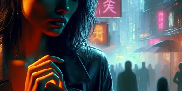 A contemplative character in a dim urban setting, caught between desire and survival amidst flickering neon signs and rain.
