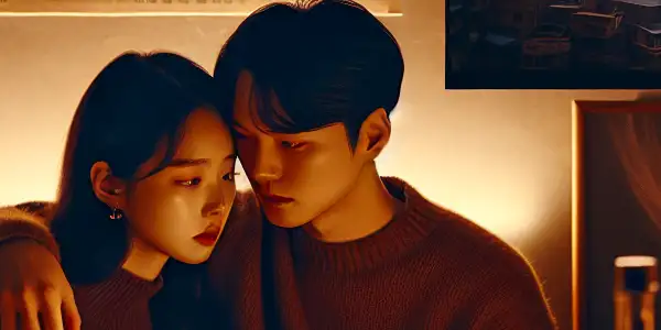 A couple shares a deep gaze in a dimly lit, intimate space, symbolizing passion and emotional complexity.