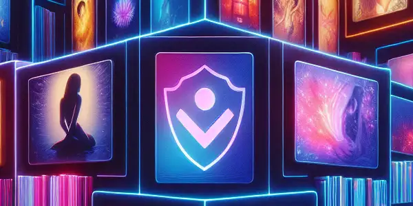 A modern digital navigation platform featuring vibrant thumbnails of adult content, illuminated by neon lights and Japanese cultural motifs.