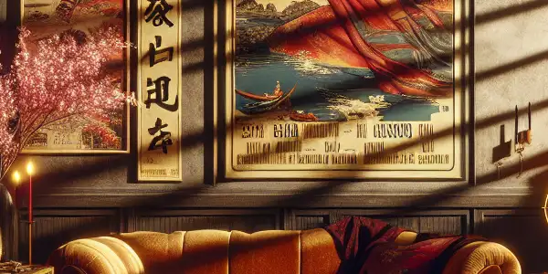 An intimate, dimly lit room featuring a vintage film projector, plush chaise lounge, and artistic erotic film posters.